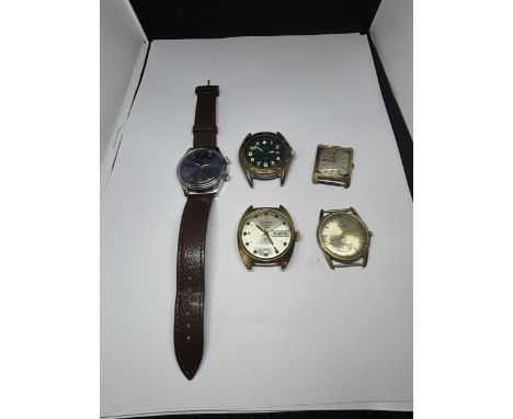 FIVE VINTAGE WRIST WATCHES TO INCLUDE A GRACE FABLIAU WITH A LEATHER STRAP, TWO SEKONDA, A PRECIMAX AND AN AVIA