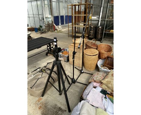 A LARGE RHINO SPEAKER STAND AND TWO MIC STANDS