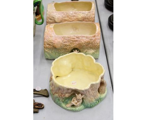 THREE VINTAGE SYLVAC PLANTERS WITH PIXIE AND TREE STUMP DESIGN