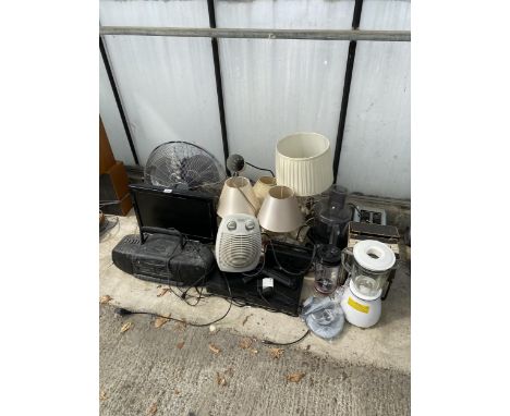 A LARGE ASSORTMENT OF ITEMS TO INCLUDE A PANASONIC TELEVISION, A LARGE FAN AND A RUSSELLL HOBBS WEDGWOOD COFFEE POT ETC