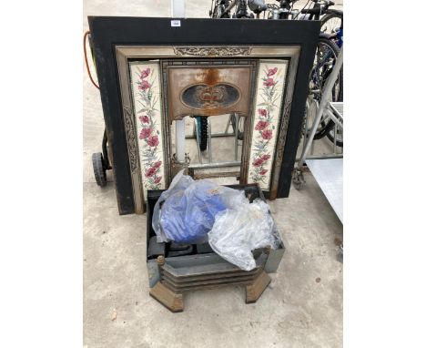 A DECORATIVE CAST IRON FIRE SURROUND WITH TILED SIDES, A FIRE GRATE WITH GAS FIRE FITTINGS AND A FIRE FRONT