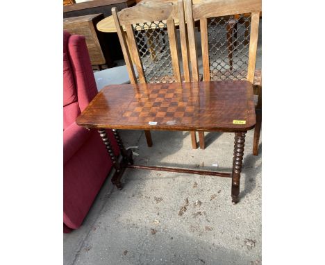 A LATE VICTORIAN DRAUGHTS/CHESS TABLE ON BOBBIN TURNED LEGS, 35" X 16"