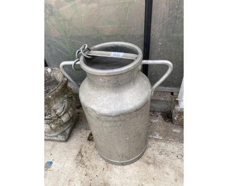 A CAST ALLOY MILK CHURN WITH CHAINED LID AND TWO CARRYING HANDLES (H:49CM)
