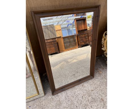 A BEVEL EDGE WALL MIRROR WITH WOODEN FRAME, 39" X 26"