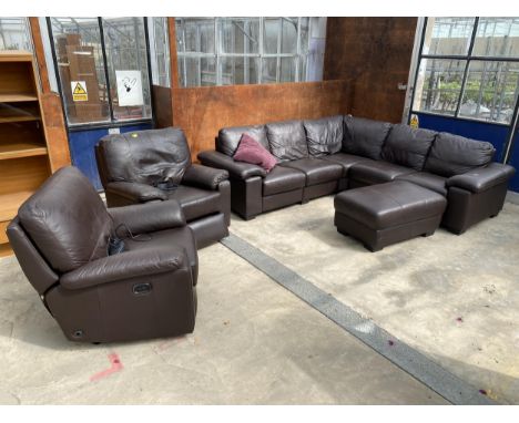 A BROWN FAUX LEATHER L SHAPED SETTEE, POUFFE AND TWO ELECTRIC RECLINER CHAIRS
