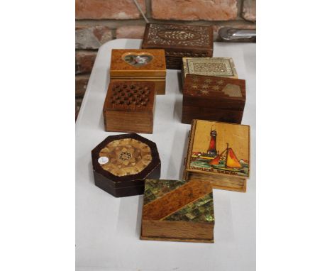 A COLLECTION OF EIGHT WOODEN BOXES TO INCLUDE JEWELLERY BOXES, PLAYING CARD BOX ETC
