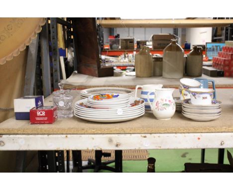 A QUANTITY OF TEA AND DINNER WARE TO INCLUDE RETRO RIDGWAY IRONSTONE PLATES, AYNSLEY TEA CUPS AND SAUCERSJUGS, GLASS PRESERVE