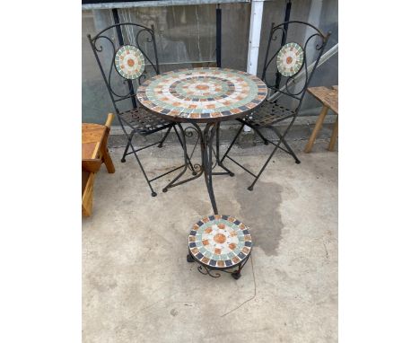 A METAL FOLDING TILE TOP BISTRO SET COMPRISING OF A ROUND TABLE, TWO CHAIRS AND A SMALL FOOT STOOL