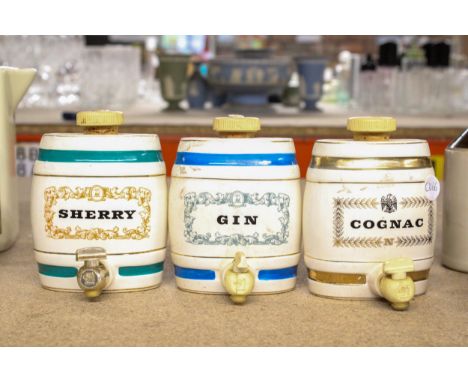 THREE SMALL WADE CERAMIC BARRELS TO INCLUDE COGNAC, GIN AND SHERRY