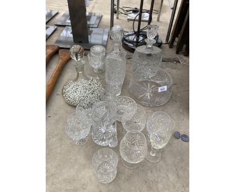 AN ASSORTMENT OF GLASS WARE TO INCLUDE DECANTORS, BRANDY GLASSES AND BOWLS ETC