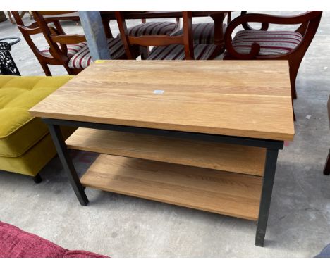 AN OAK THREE TIER TABLE WITH SWIVEL TOP AND METALWARE FRAME AND LEGS, 36" X 20"