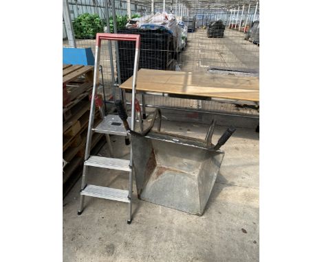 TWO ITEMS TO INCLUDE A METAL WHEELBARROW AND A THREE RUNG ALUMINIUM STEP LADDER