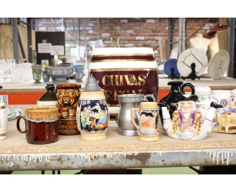 A QUANTITY OF BREWERIANA ITEMS TO INCLUDE A LARGE CERAMIC CHIVAS REGAL WHISKY BARREL, QE2 MALT WHISKY WATER JUG, TONY WOOD DE