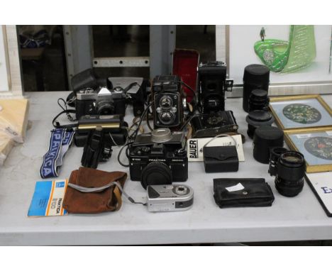 A COLLECTION OF VINTAGE CAMERAS AND LENSES TO INCLUDE YASHICA-MAT EM, YASHICA TL SUPER, CANON SURE SHOT Z115, PRAKTICA B100, 