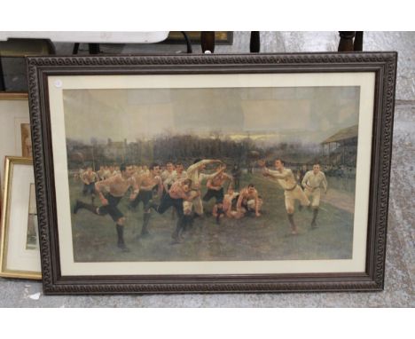 A LARGE FRAMED PRINT 'THE RUGBY MATCH' BY WILLIAM BARNES WOLLEN, 68CM X 99CM