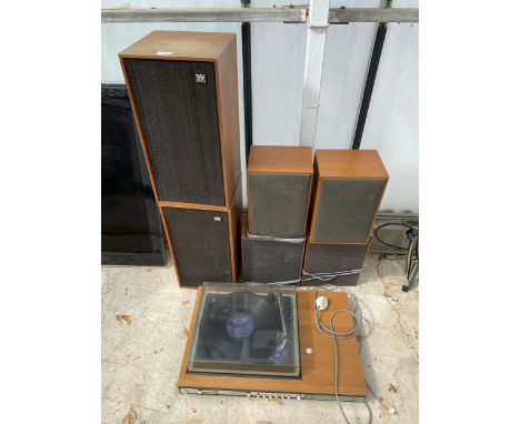 A RETRO BUSH TEAK RECORD PLAYER WITH A PAIR OF WARFEDALE WOODEN SPEAKERS AND FOUR FURTHER WOODEN CASED SPEAKERS