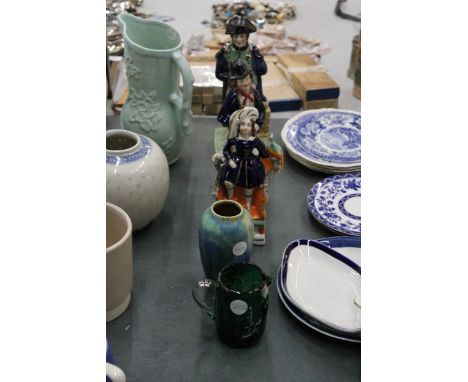 THREE VINTAGE STAFFORDSHIRE FIGURES TO INCLUDE NAPOLEON, A MARY GREGORY STYLE JUG PLUS A SMALL CROWN DUCAL WARE VASE