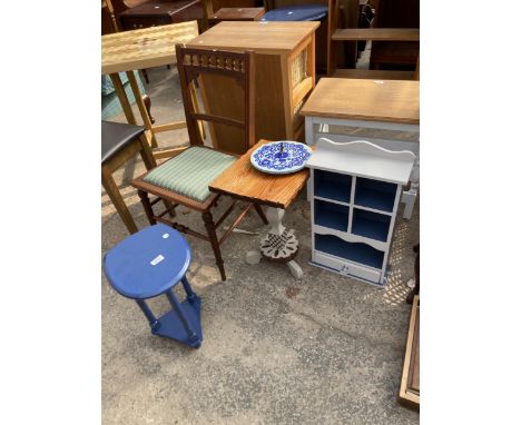 A SPANISH STYLE OCCASIONAL TABLE, QUARTZ CLOCK, SMALL BLUE OCCASIONAL TABLE, SMALL OPEN SHELVES WITH DRAWER AND BEDROOM CHAIR