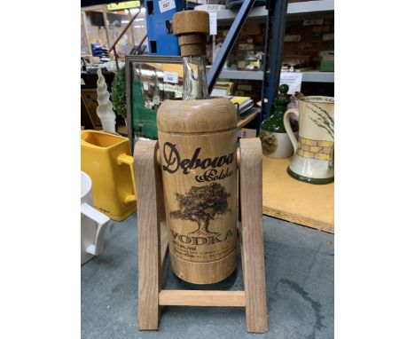 A VINTAGE HARDWOOD POLISH 'DEBOWA VODKA' DISPENSER 17" TALL