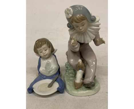 TWO NAO FIGURES TO INCLUDE "LISTEN TO ME" HARLEQUIN CLOWN WITH DOG AND "I'M FULL" BABY BOY WITH PLATE AND SPOON