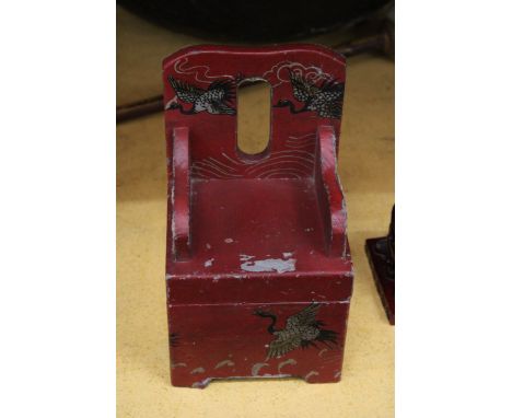 A CHINESE CHAIR JEWELLERY BOX RED WITH CRANE DECORATION