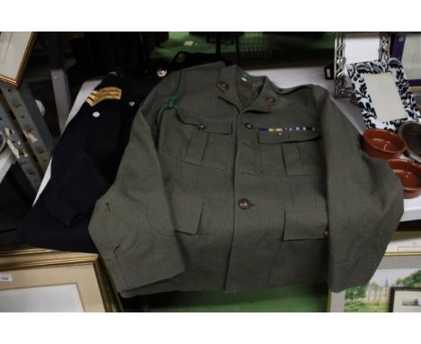 TWO MILITARY UNIFORM JACKETS WITH STRIPES ON THE ARMS