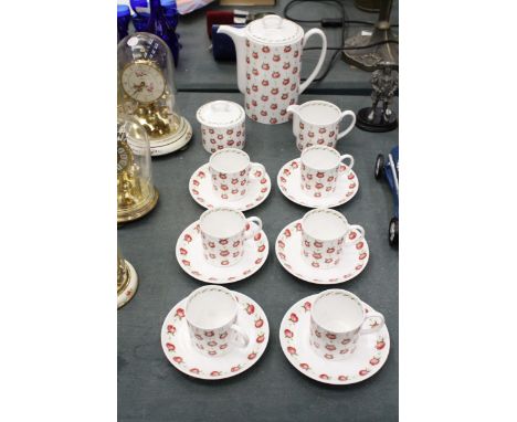 A SUSIE COOPER 'APPLE GAY' COFFEE SET TO INCLUDE A COFFEE POT, SUGAR BOWL, CREAM JUG, CUPS AND SAUCERS