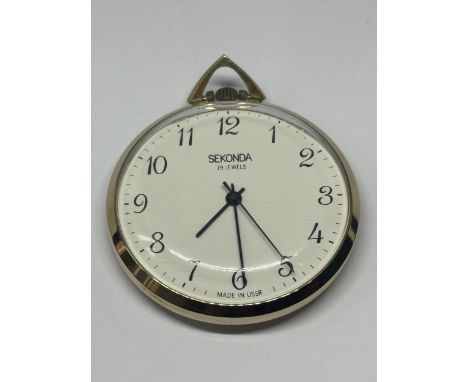 A GOLD PLATED SEKONDA OPEN FACED LEVER POCKET WATCH SEEN IN WORKING ORDER BUT NO WARRANTY GIVEN