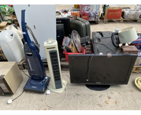 A PANASONIC TELEVISION, A PANASONIC VACUUM CLEANER AND A TOWER FAN ETC
