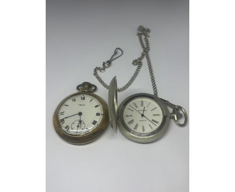 TWO POCKET WATCHES TO INCLUDE A YELLOW METAL AND WHITE METAL SEKONDA QUARTZ WITH CHAIN