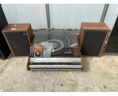 A RETRO DECCA SOUND RECORD PLAYER AND TWO WOODEN CASED SPEAKERS