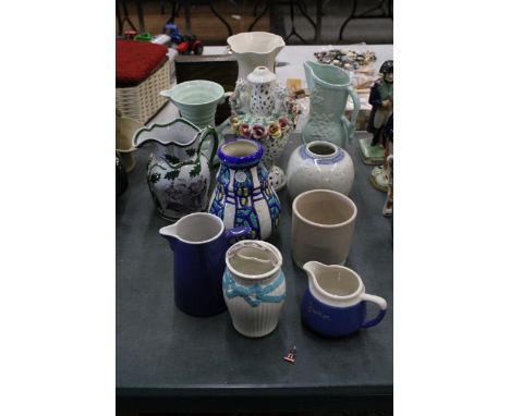 A QUANTITY OF CERAMIC JUGS AND VASES TO INCLUDE CROWN DEVON, STUDIO POTTERY, ETC