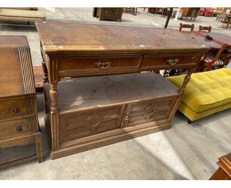 A VICTORIAN OAK AND WALNUT BUFFET SIDEBOARD ENCLOSING TWO DRAWERS AND TWO CUPBOARDS, 56" WIDE