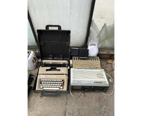 THREE RETRO ITEMS TO INCLUDE AN OLIVETTI TYPEWRITER AND A SHARP PORTABLE TV/RADIO/CLOCK ETC