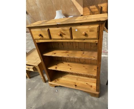 A DUCAL PINE VICTORIAN RANGE THREE TIER OPEN BOOKCASE WITH THREE FRIEZE DRAWERS, 38.5" WIDE