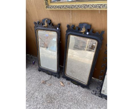 A PAIR OF VICTORIAN EBONISED BEVEL EDGE WALL MIRRORS WITH GILT DECORATION, 32" X 16" EACH