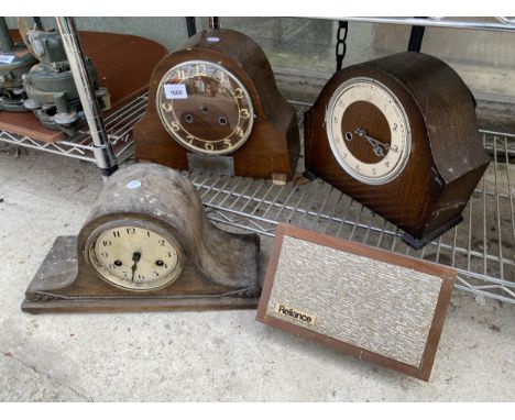 THREE VINTAGE WOODEN CHIMING MANTLE CLOCKS AND A RELIANCE SPEAKER