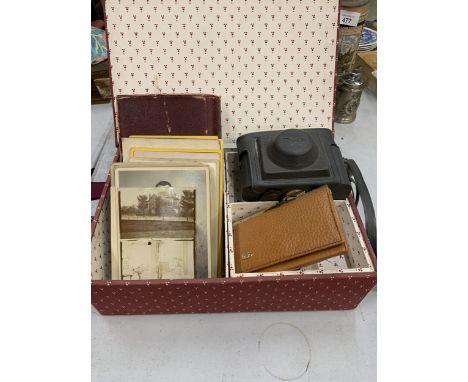 A COLLECTION OF ITEMS TO INCLUDE A VINTAGE KODAK CASED CAMERA AND A QUANTITY OF SEPIA PHOTOGRAPHS AND POSTCARDS ETC