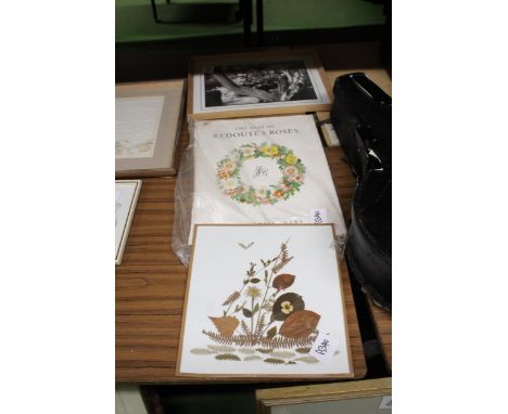 A QUANTITY OF REDOUTES ROSES PRINTS PLUS A LEAF COLLAGE AND A PHOTOGRAPH OF A TREE