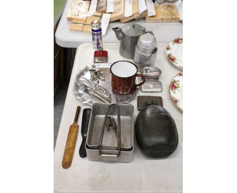 A COLLECTION OF VARIOUS ITEMS TO INCLUDE METALWARE, TIN CAMPING PANS, FLASKS, CIGARETTE CASES, LIGHTERS ETC