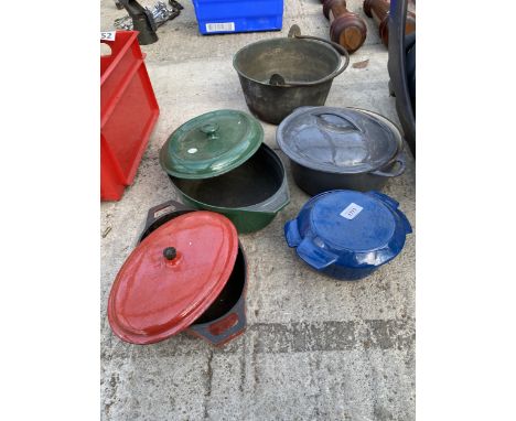 A BRASS JAM PAN AND FOUR CAST IRON COOKING POTS