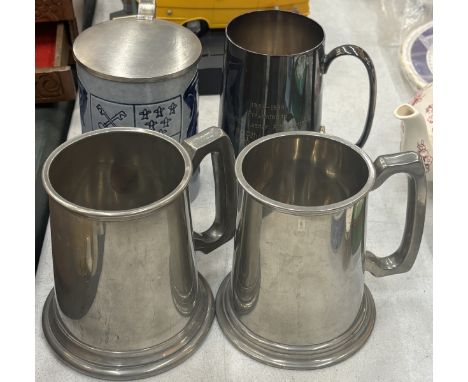 THREE TANKARDS - TWO PEWTER AND ONE SILVER PLATE PLUS A CERAMIC STEIN WITH PEWTER LID