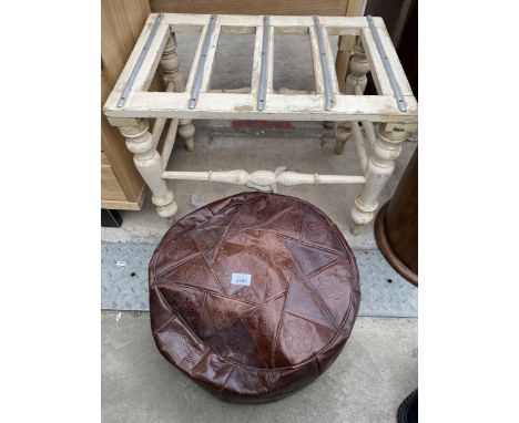 A SHABBY CHIC SUITCASE STAND AND LEATHER POUFFE