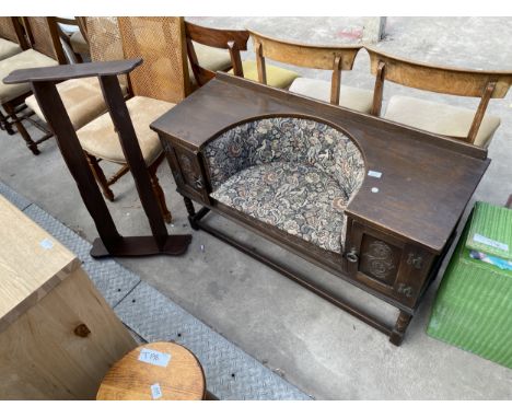 AN OAK TELEPHONE TABLE SEAT AND A SET OF OPEN SHELVES