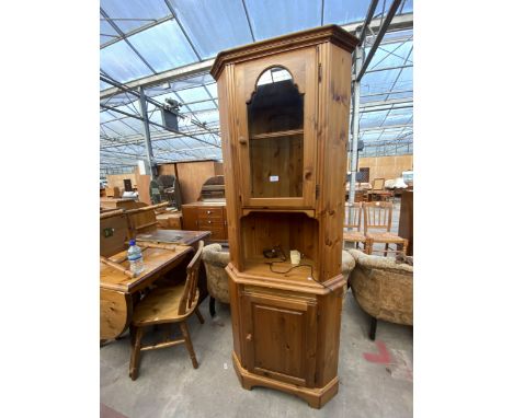 A PINE DUCAL CORNER CUPBOARD WITH PART GLAZED UPPER PORTION, 28" WIDE