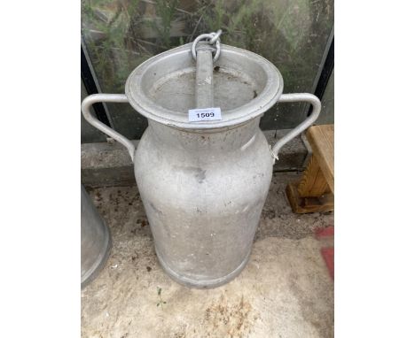A CAST ALLOY MILK CHURN WITH CHAINED LID AND TWO CARRYING HANDLES (H:51CM)