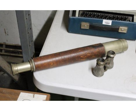 A VINTAGE ROSS OF LONDON BRASS AND LEATHER TELESCOPE PLUS A PAIR OF VINTAGE OPERA GLASSES