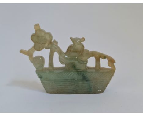 A carved Chinese green jade basket with bird and blossom missing handle. 7 1/2 cm.