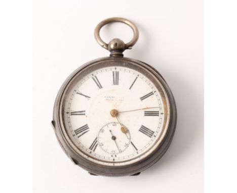 An open face key wind pocket watch, the white enamel dial having Roman numeral markers and subsidiary to 6 o 'clock, stamped 