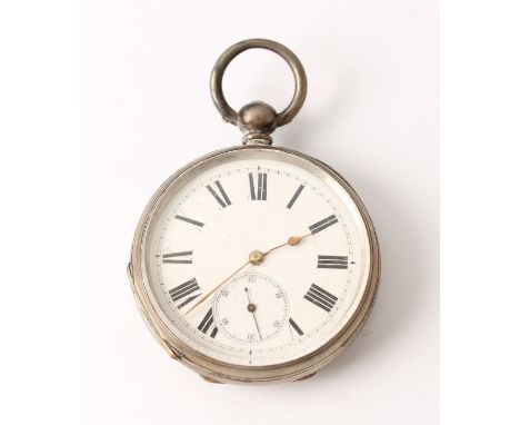 A open face key wind pocket watch, the white enamel dial having Roman numeral markers and subsidiary dial to 6 o'clock, stamp